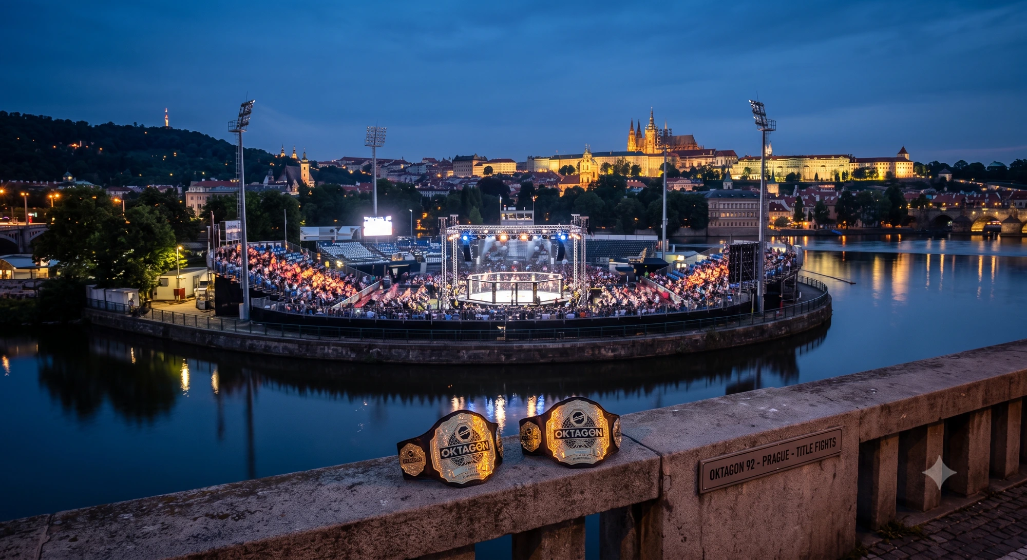 Two OKTAGON championship belts on a stone wall overlooking Štvanice Island, with a packed crowd around the OKTAGON 92 cage and Prague Castle in the distance — the two title fights of August 1, 2026
