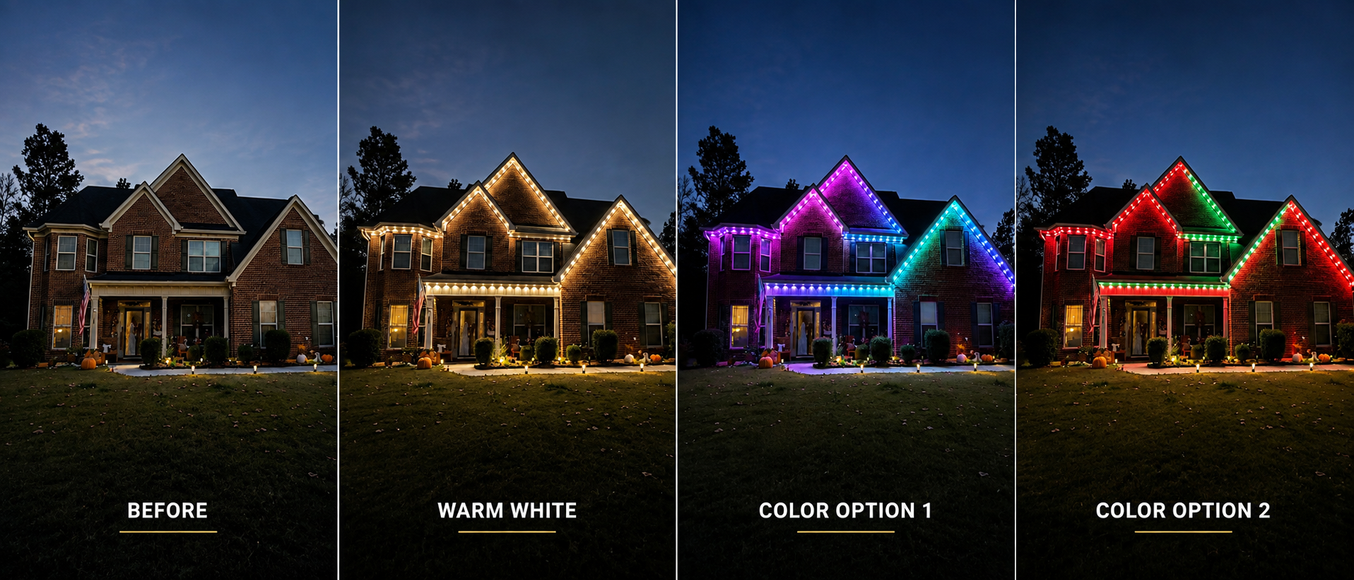 Before and after permanent lighting — same house shown with lights off, warm white, and two color modes