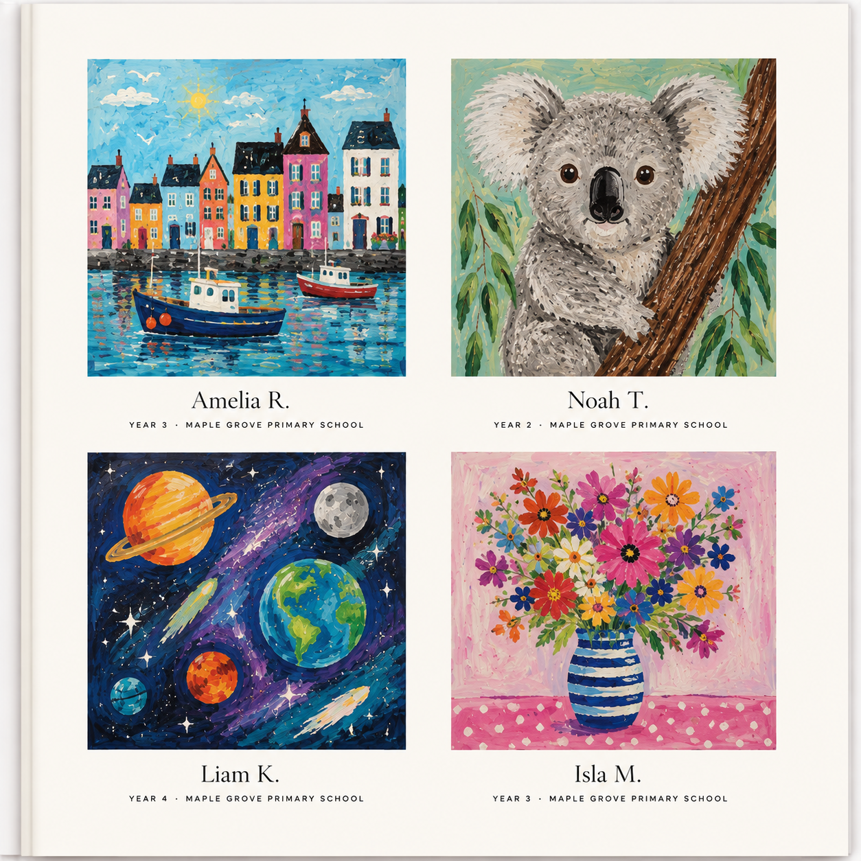 Inside spread from the Young Artists Anthology showing children’s artwork and names