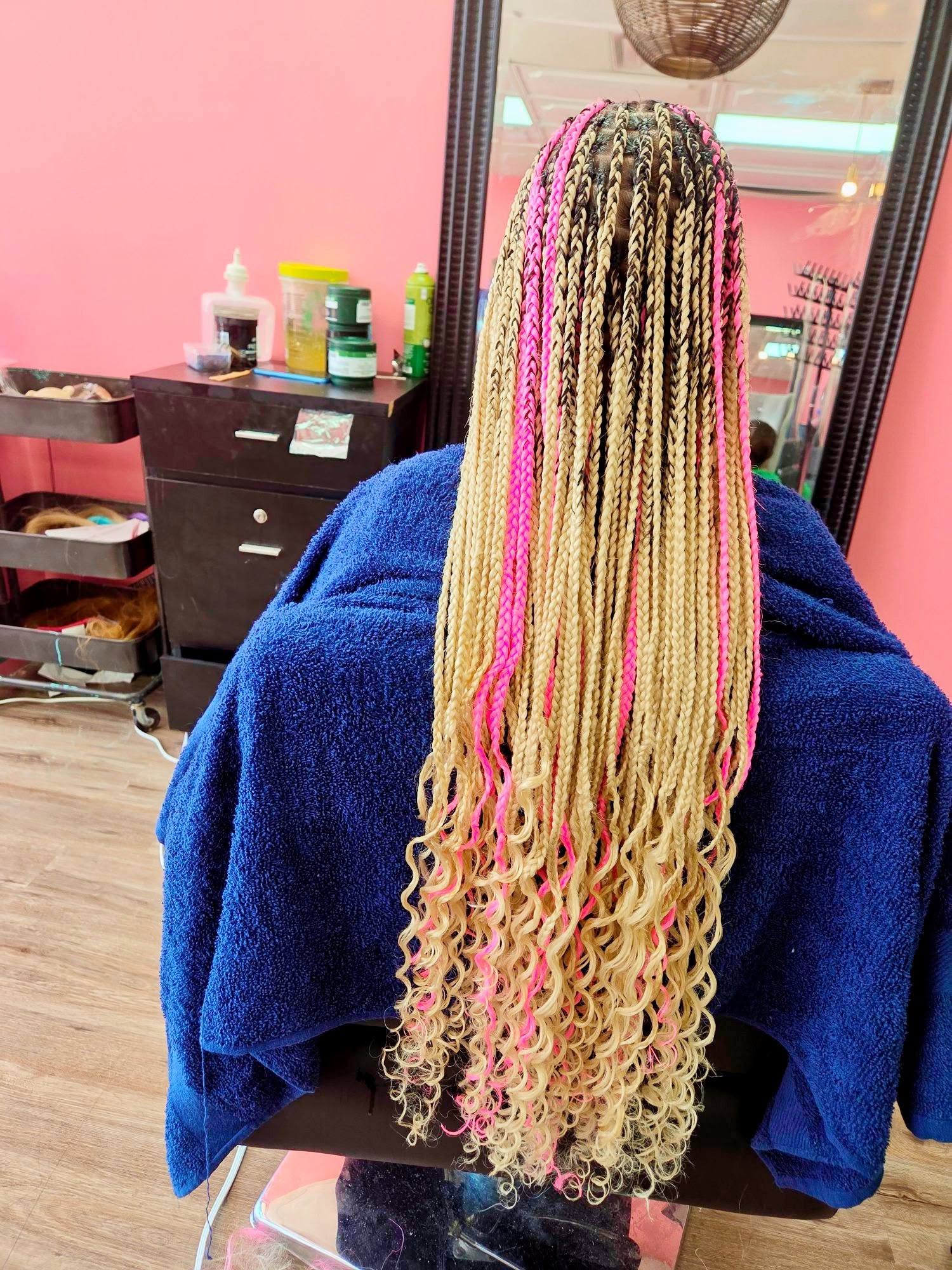 Small Knotless Braids Pink Highlights In Progress - Afro Magic Braiding Hair