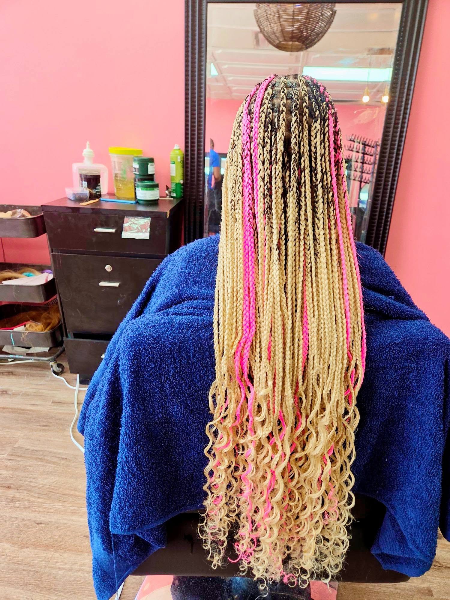 Small Knotless Braids Blonde Pink Curly Ends - Afro Magic Braiding Hair