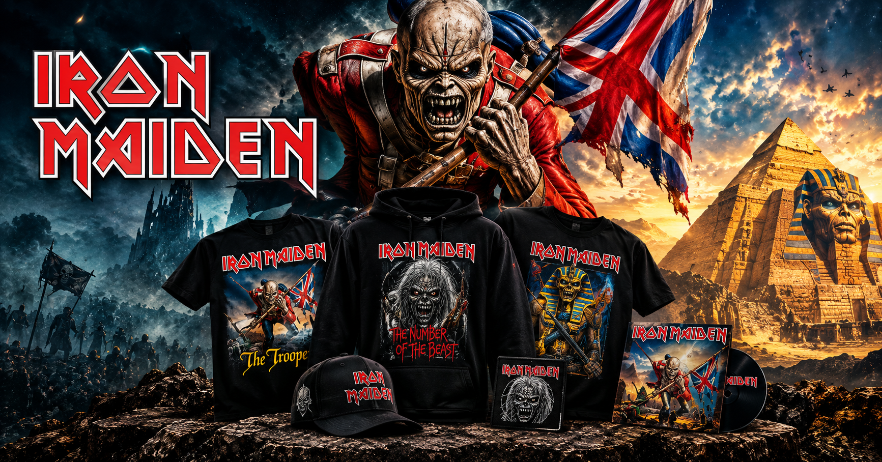 Iron Maiden merchandise guide featuring Eddie-inspired designs, band T-shirts and heavy metal clothing.