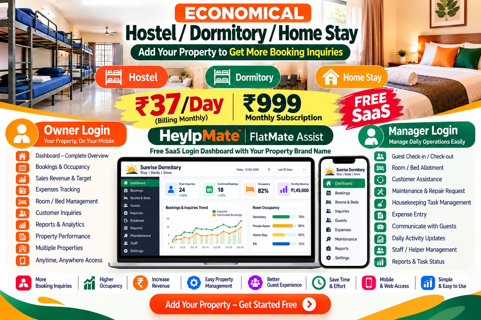 Economical Hostel, Dormitory and Home Stay — free SaaS owner and manager login, ₹999 monthly