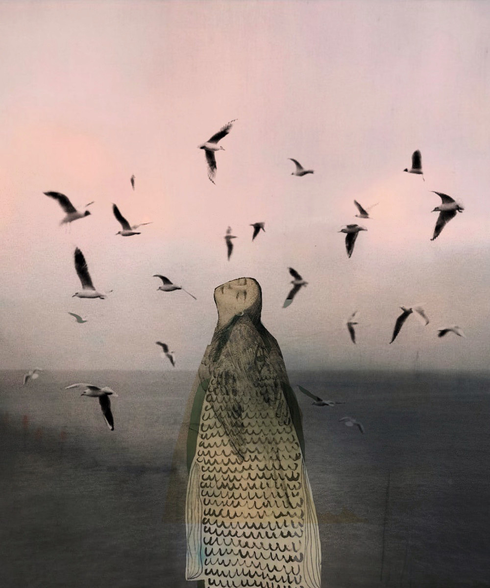 Collage by Sage Canellis — robed figure with birds over the sea