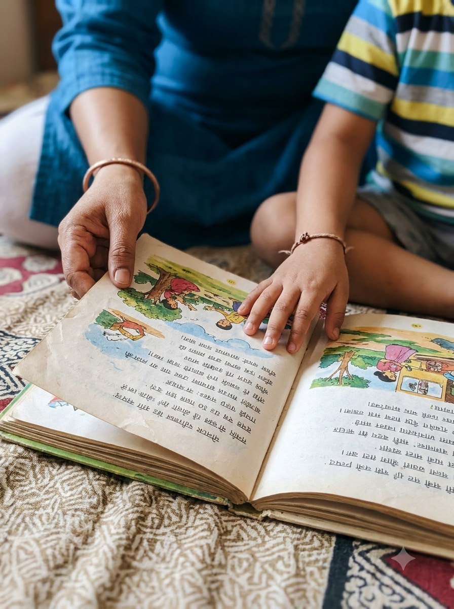 A parent and child reading an illustrated storybook together on the floor