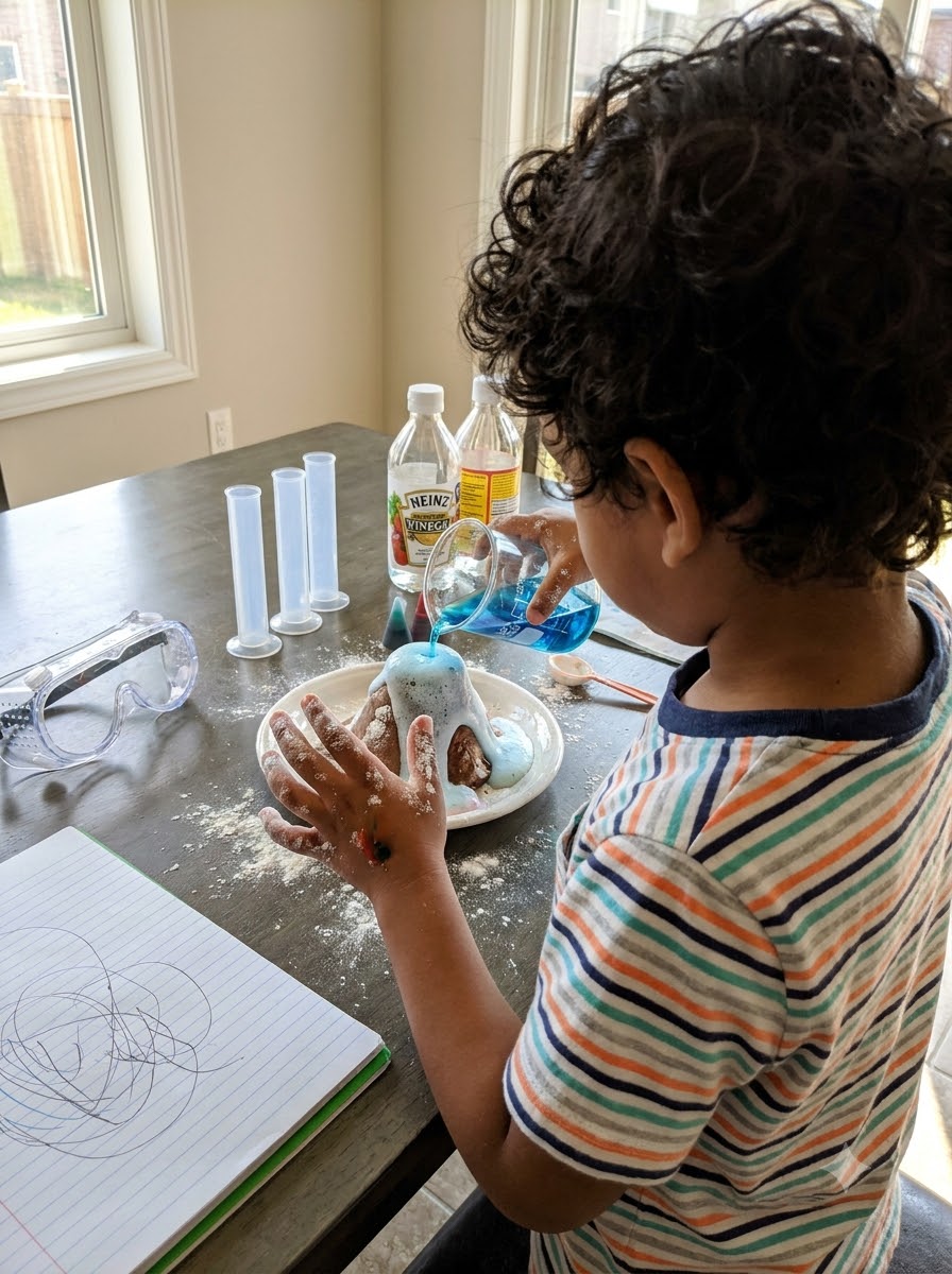A child doing a simple baking-soda and vinegar science experiment at home