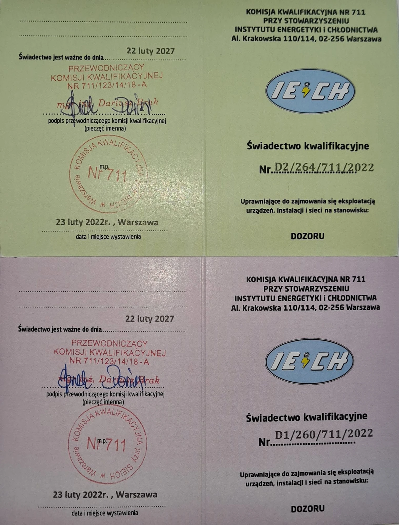 Świadectwa SEP · Dozór — Kraft-Performance, elektryk Warszawa. Komisja Kwalifikacyjna nr 711 · Warszawa.