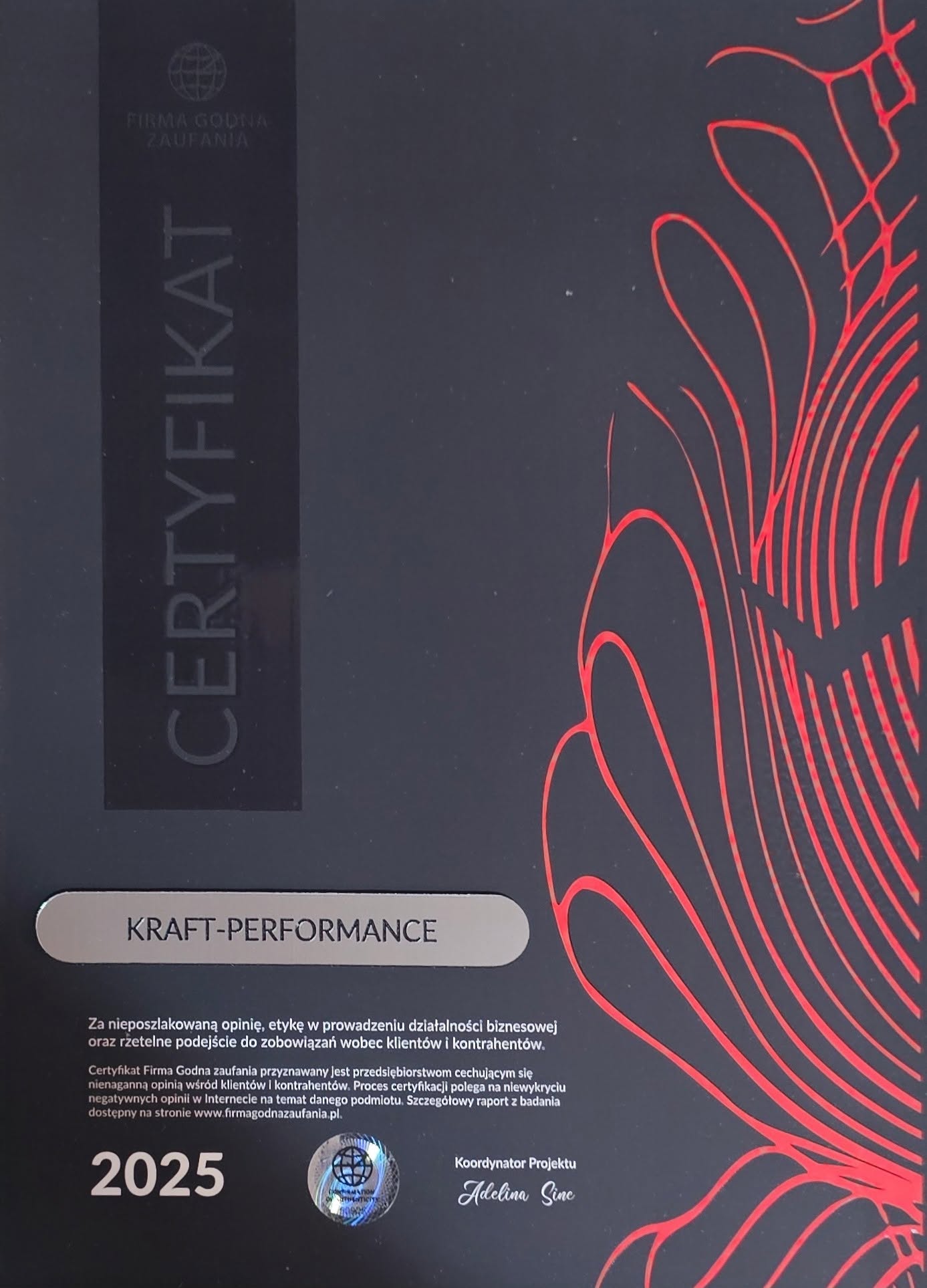 Certyfikat "Firma Godna Zaufania" — Kraft-Performance, elektryk Warszawa. Kraft-Performance · rok 2025.