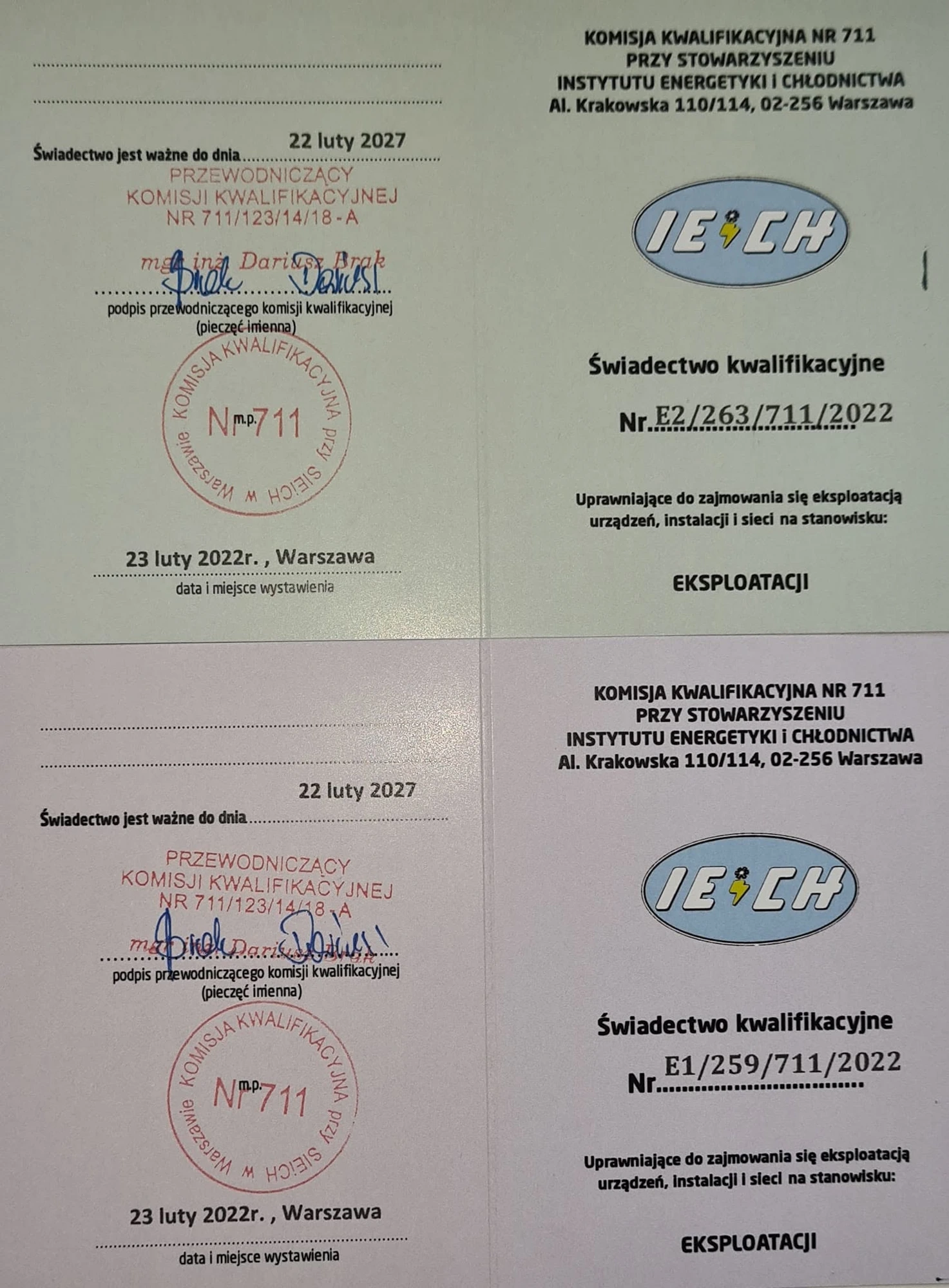 Świadectwa SEP · Eksploatacja — Kraft-Performance, elektryk Warszawa. Komisja Kwalifikacyjna nr 711 · Warszawa.