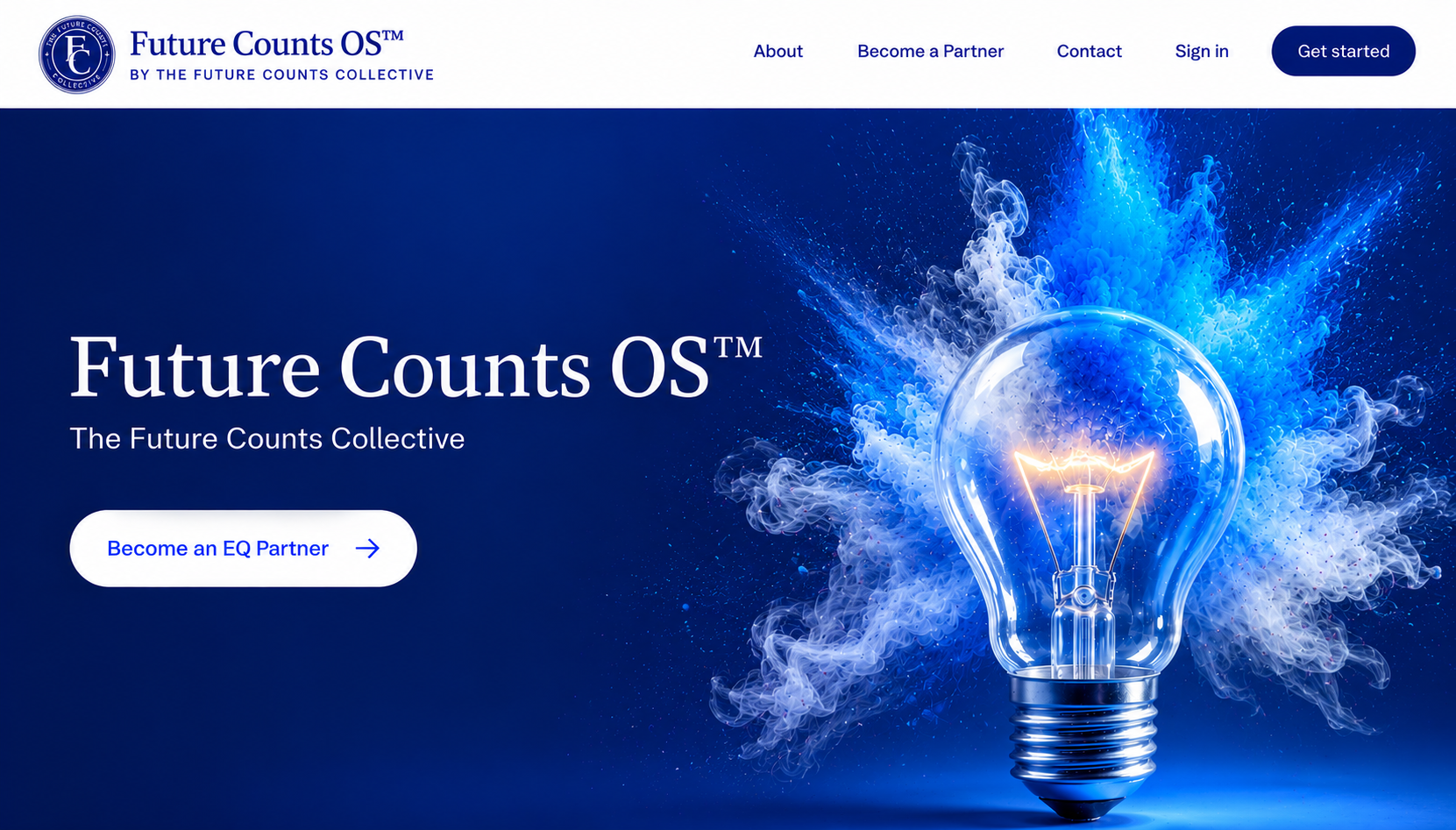 Future Counts OS™ — The Future Counts Collective. A lightbulb bursting with blue and white smoke on a deep navy background, symbolizing emotional intelligence, leadership, and human potential.
