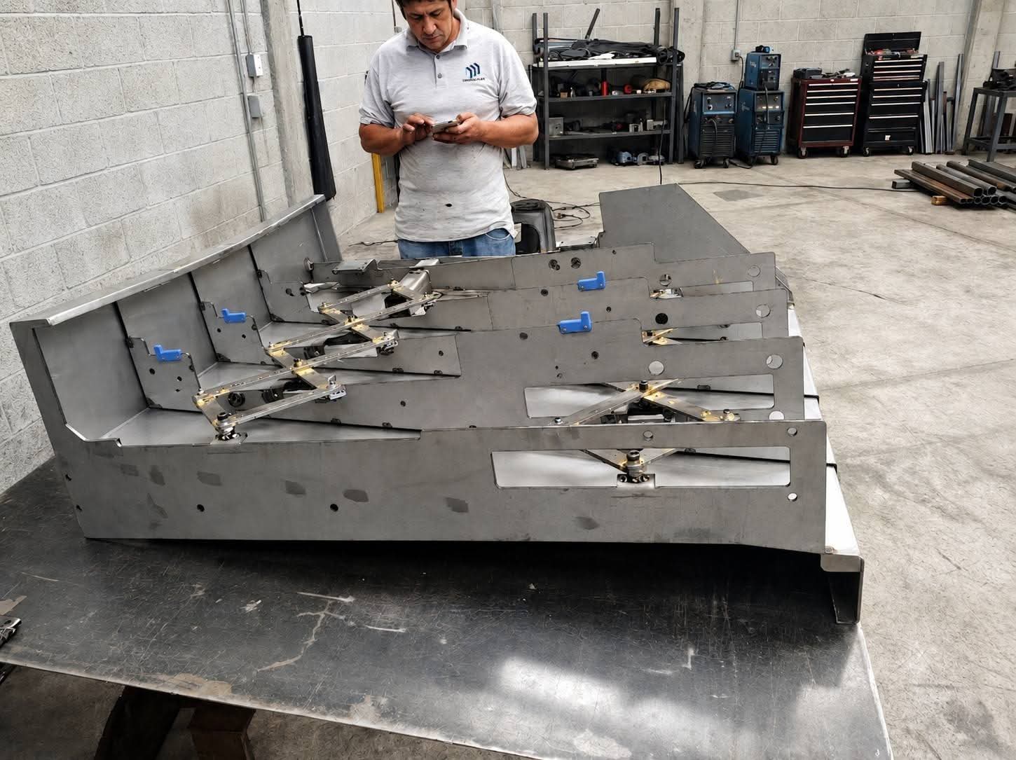 Técnico de Guarda Flex ensamblando una guarda telescópica en el taller