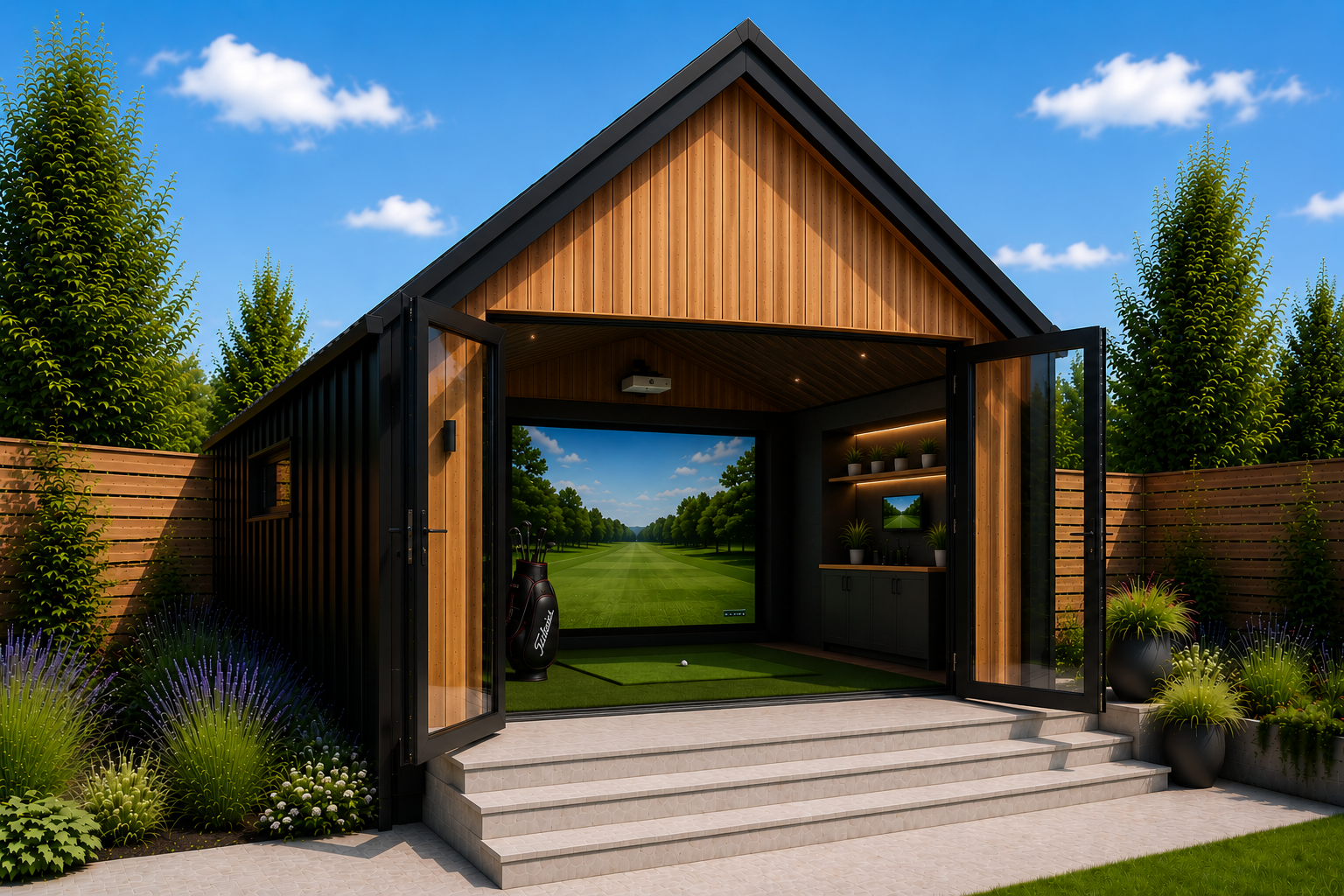 An Arden & Oak architectural garden room — designed and installed in Golf Simulator Studios, England