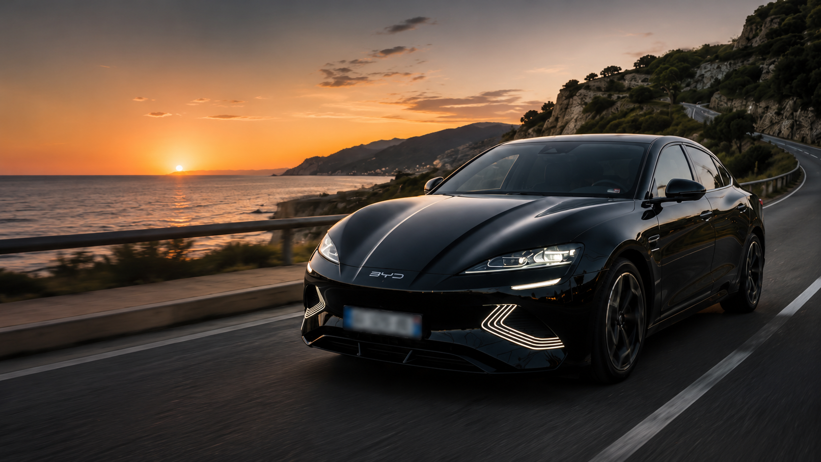Berline noire de luxe MN VTC au coucher de soleil