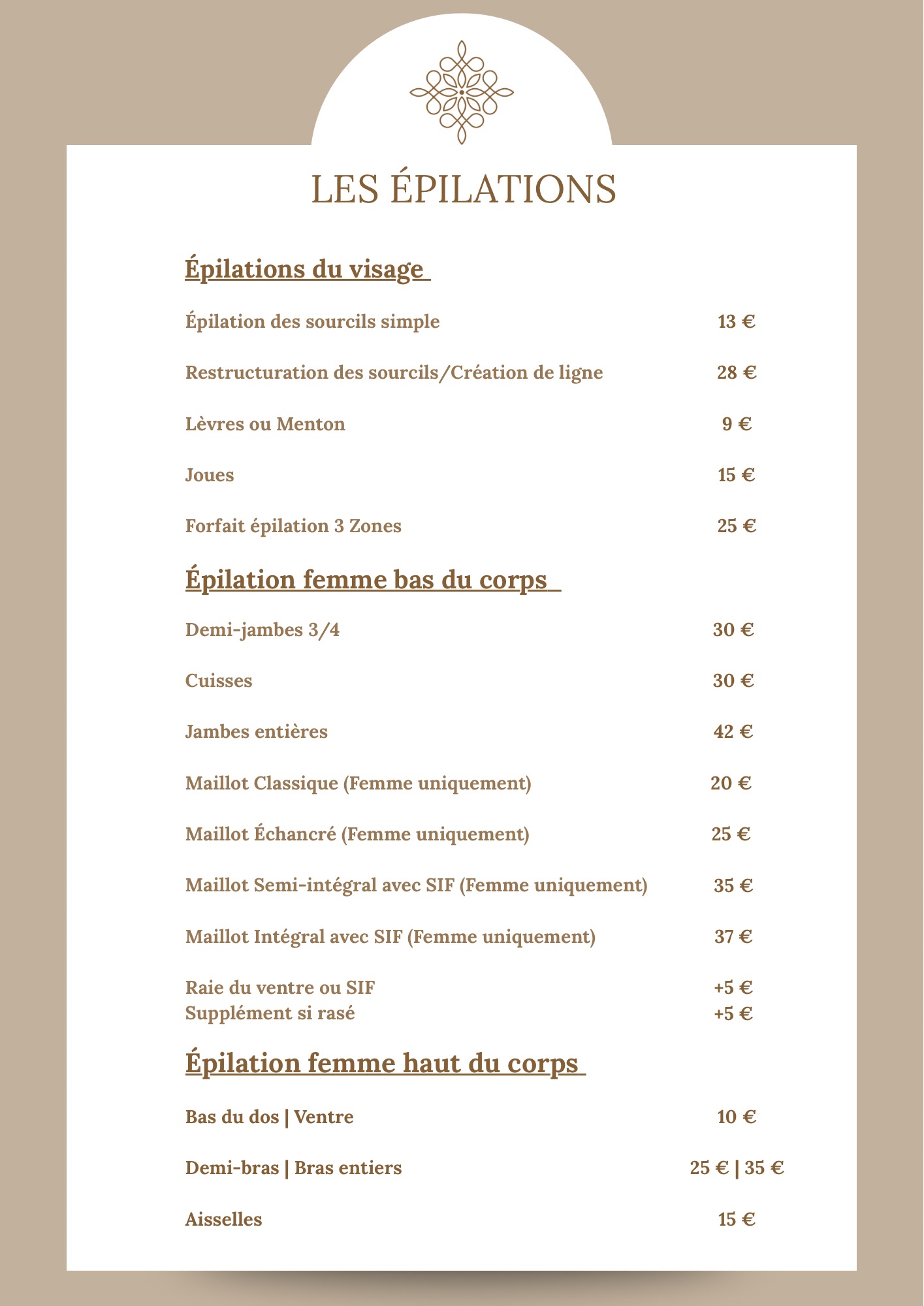 Carte des épilations — Ninaa Beauty