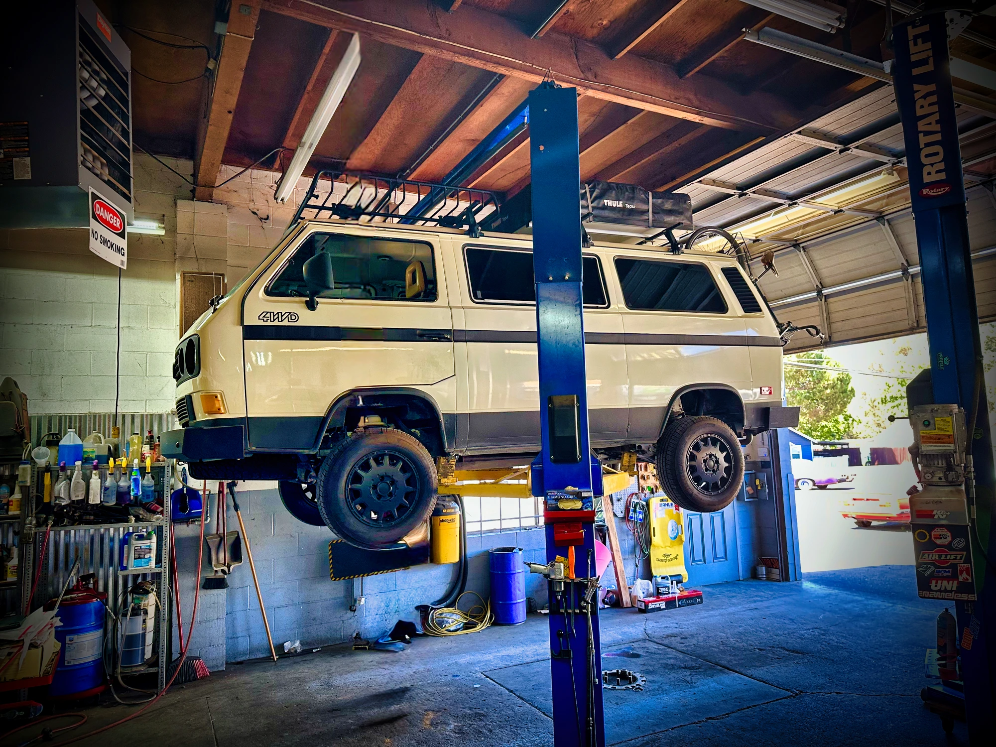 Syncro up on the shop lift during maintenance