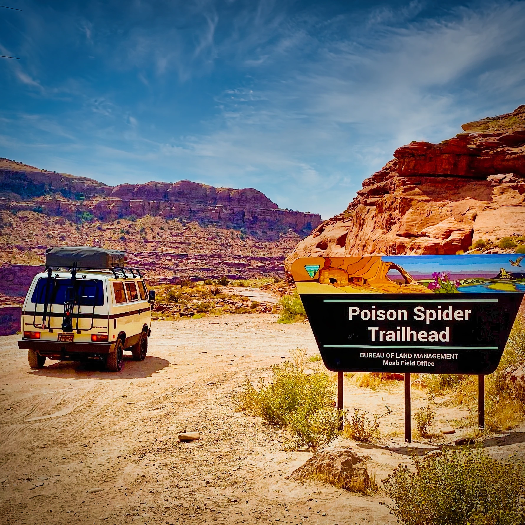 Syncro at the Poison Spider Trailhead, Moab red rock country
