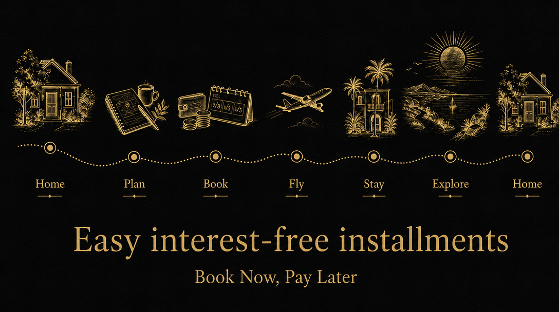 Travelsate journey — Home, Plan, Book, Fly, Stay, Explore, Home. Easy interest-free installments. Book now, pay later.