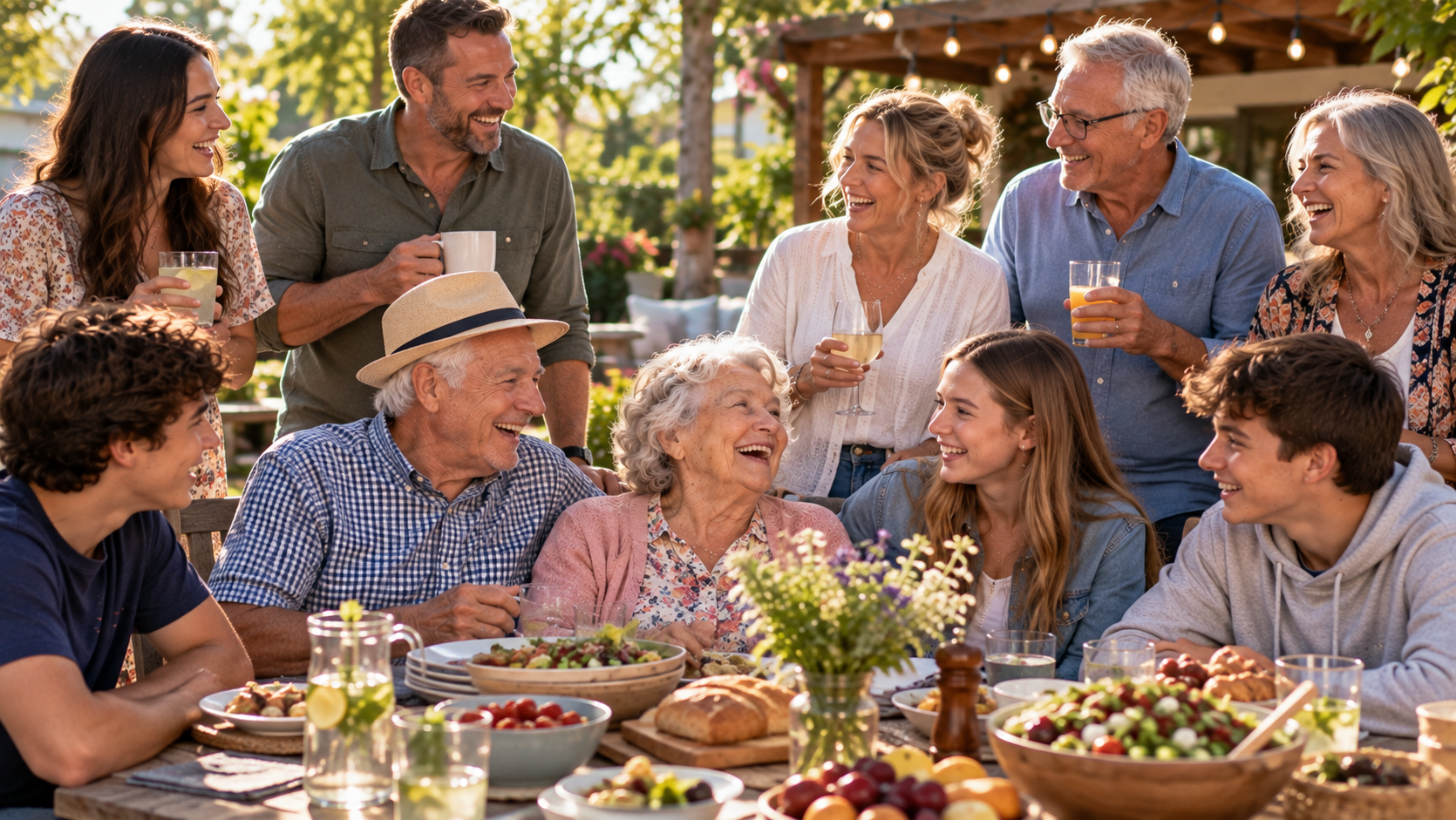 Three generations of a family laughing together around an outdoor table